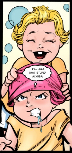 Kin is not too happy to be reduced to a baby in Alyssa the Witch Little Sister.